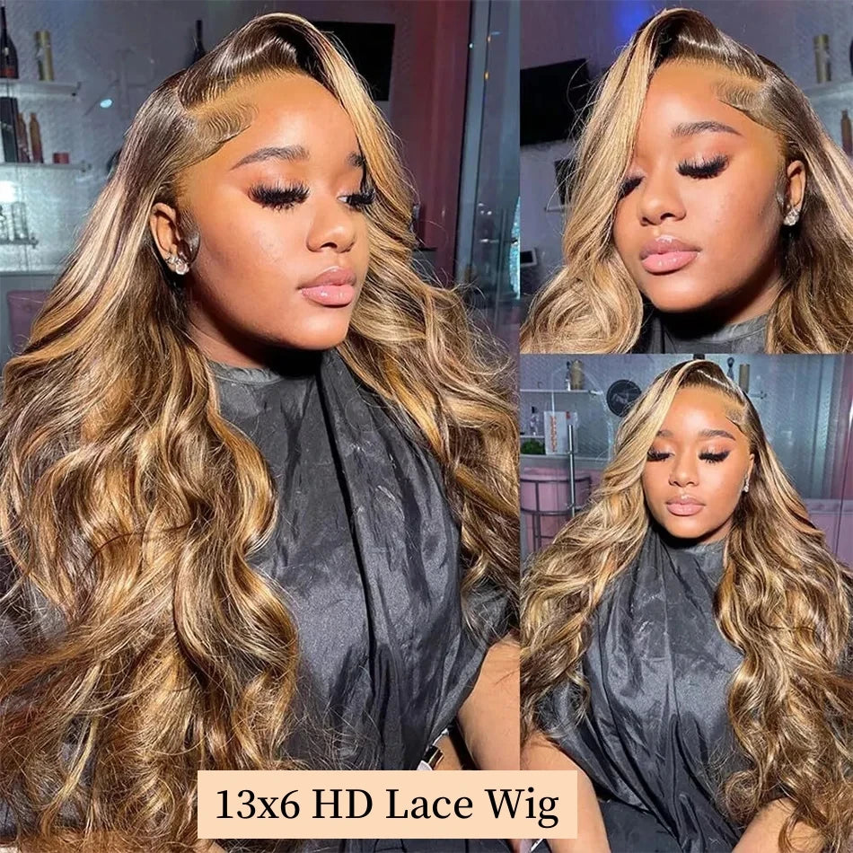 13x6 Hd Highlight Wig Human Hair Ombre Honey Blonde Colored 4x4 Closure Wigs For Women 34 30 Inch 13x4 Body Wave Lace Front Wig
