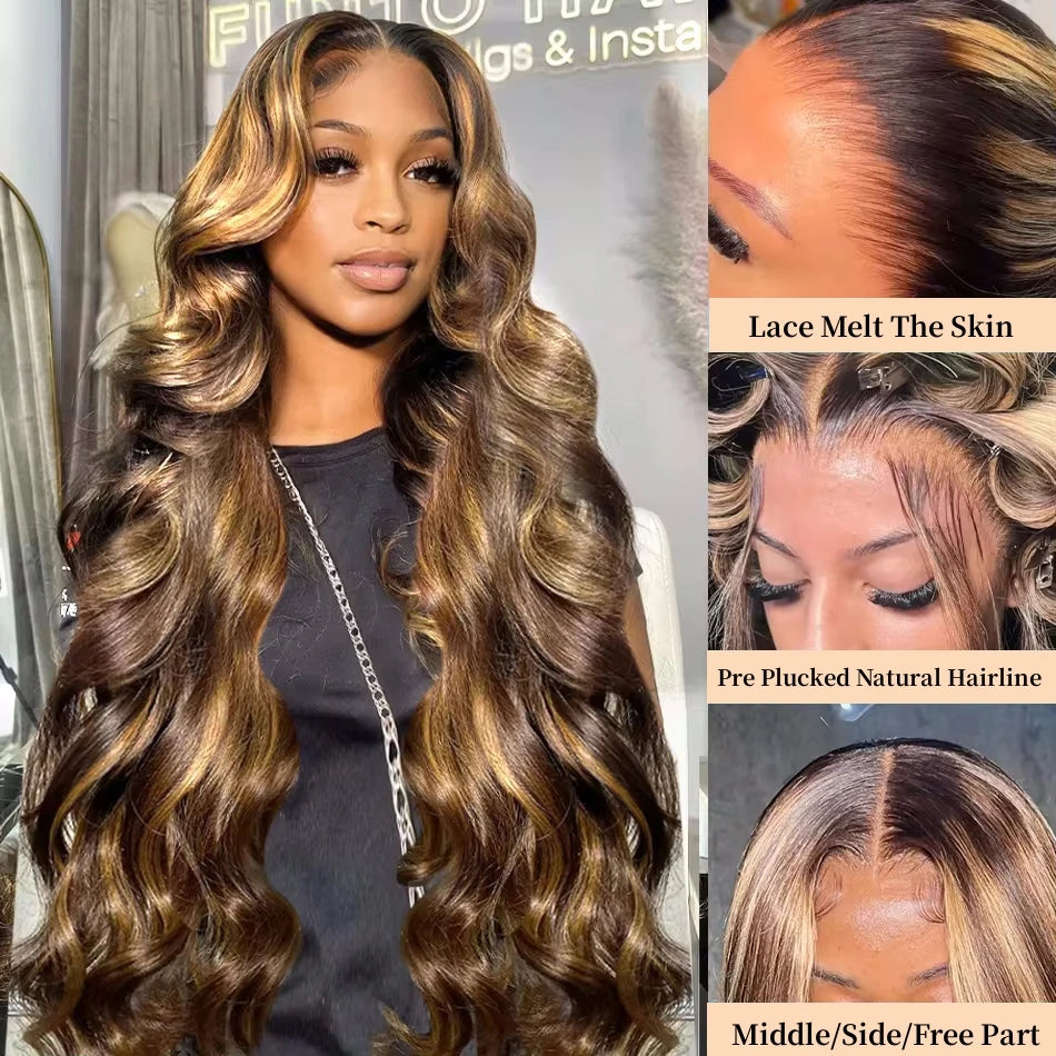 13x6 Hd Highlight Wig Human Hair Ombre Honey Blonde Colored 4x4 Closure Wigs For Women 34 30 Inch 13x4 Body Wave Lace Front Wig